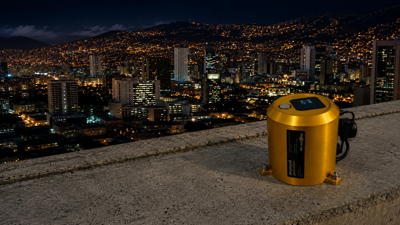 Acelerógrafo R2SMMDII instalado con vista a la ciudad de noche