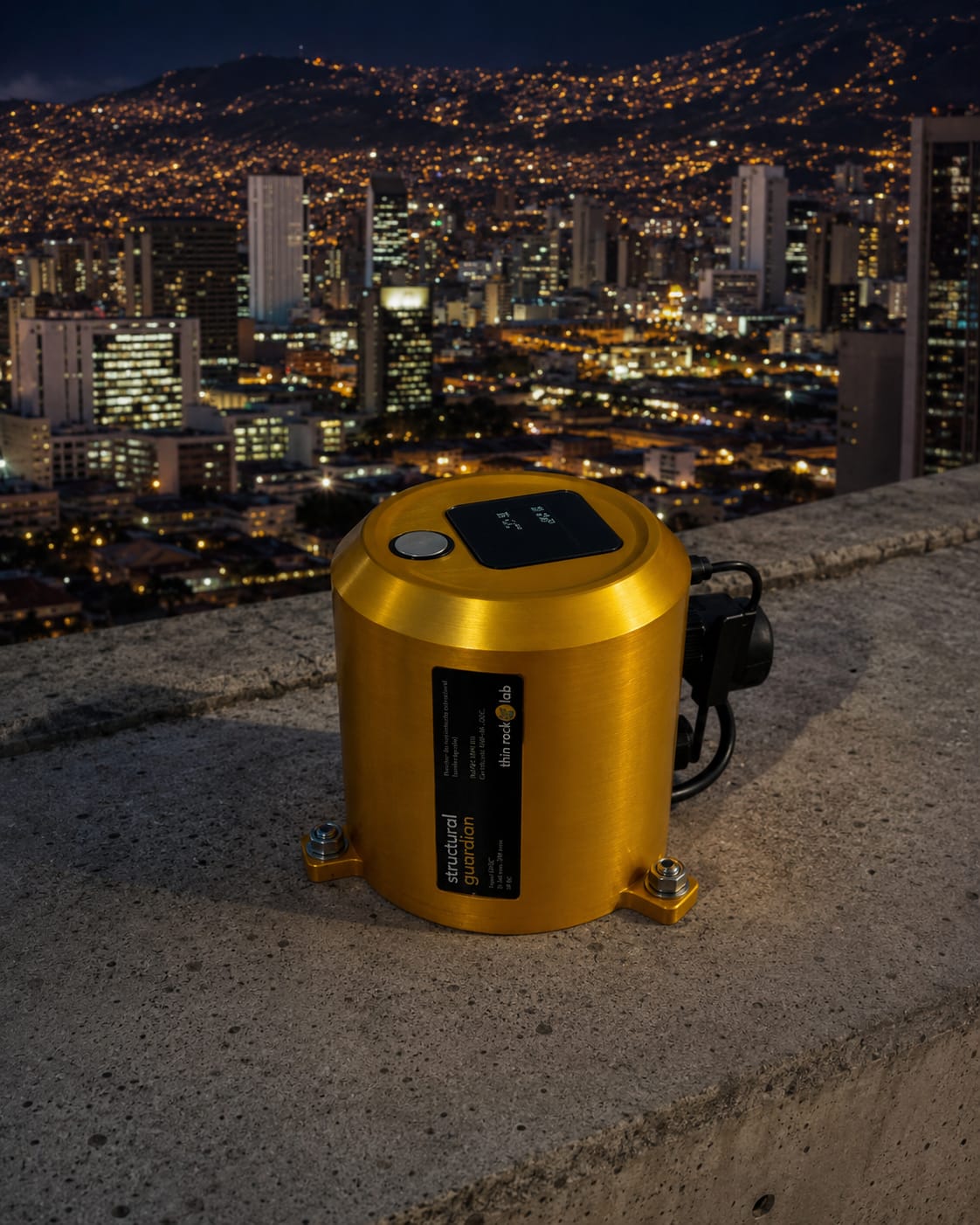 Acelerógrafo Structural Guardian vigilando una ciudad de noche
