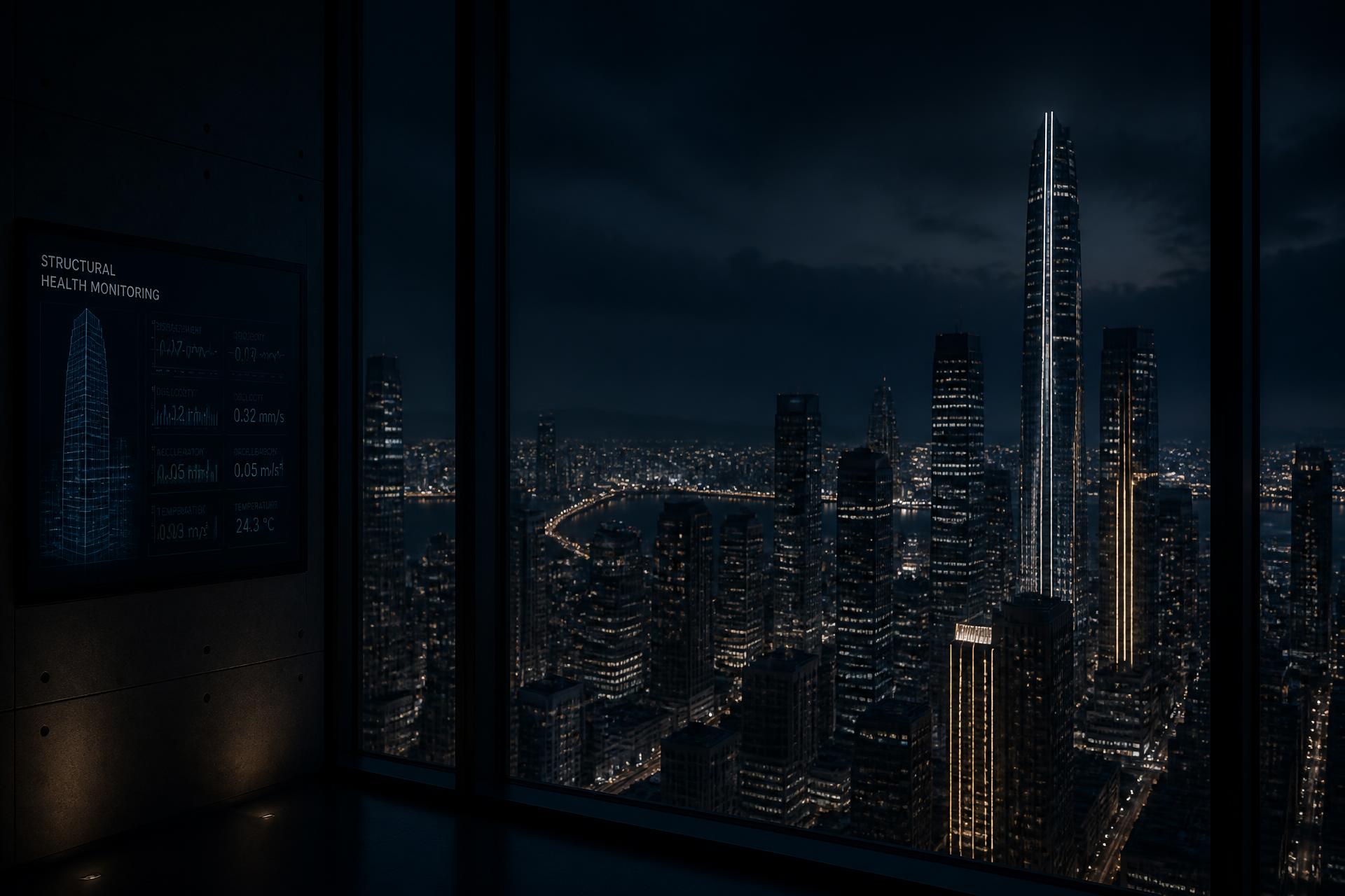 Vista nocturna de una ciudad monitoreada desde un rascacielos