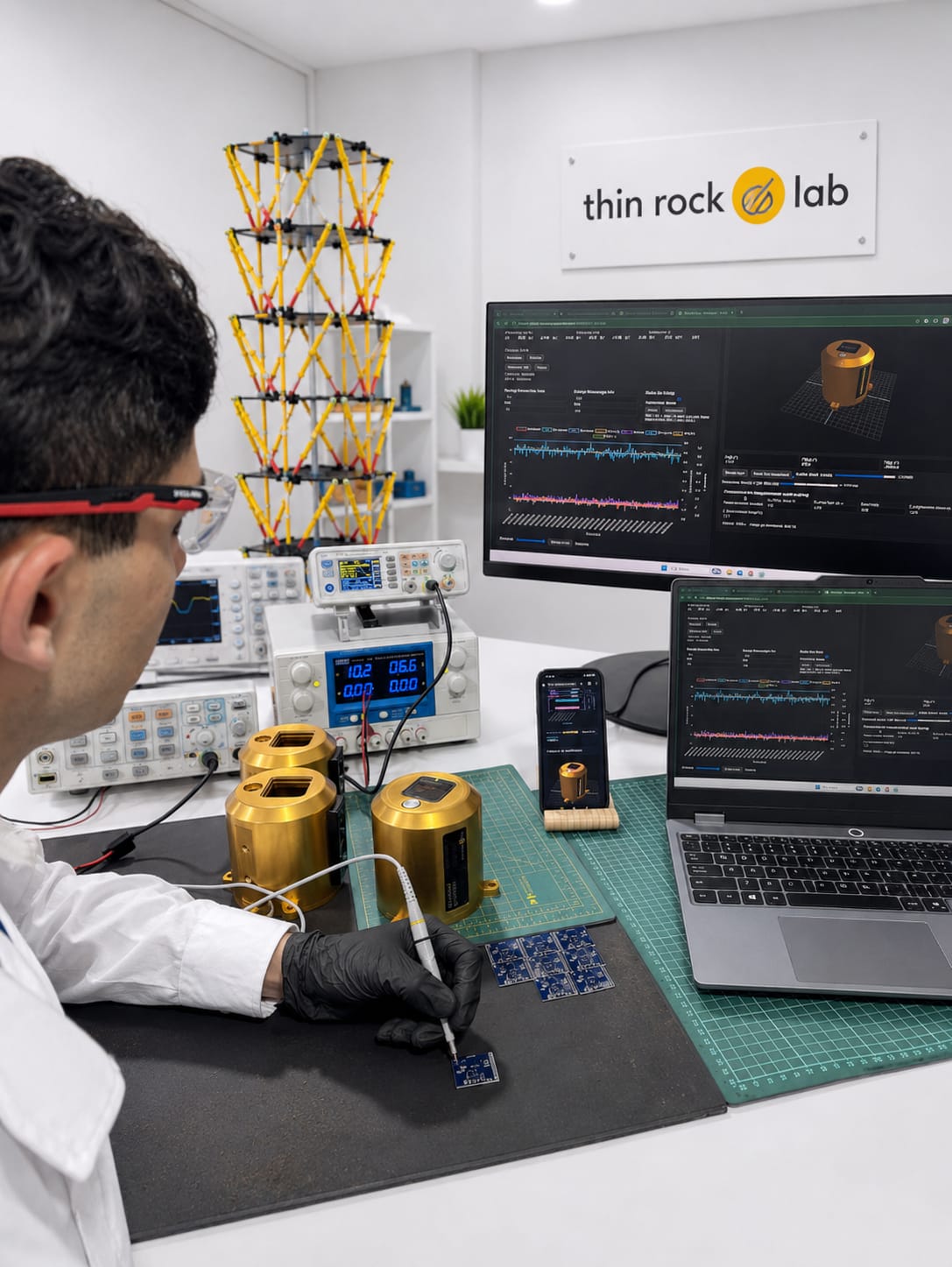 Equipo de Thin Rock Lab desarrollando y calibrando los acelerógrafos Structural Guardian